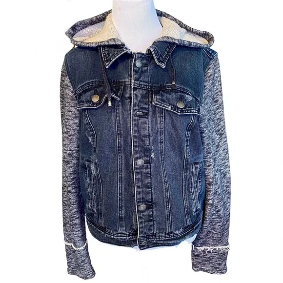 FP Throwback Distressed Denim Jacket Removable Hood Indie Grunge Black Large - Picture 4 of 8